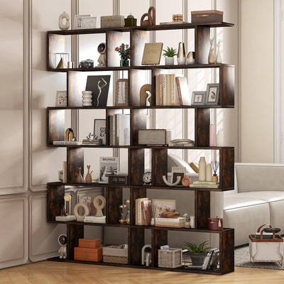SILKYDRY 6 Tier Geometric Bookshelf, Book Shelf Room Divider, S-Shaped Modern Bookshelf, 75" Tall Decorative Display Shelf, Vertical Staggered Bookcase for Bedroom Home Office (2, Rustic Brown)