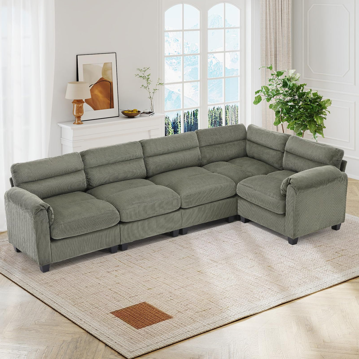 HAOMARKETS 115” Modular Sectional L Shaped Corner Sofa, Corduroy 5-Seater Couches with Thick Cushion for Living Room, Green HAOMARKETS