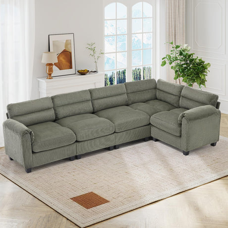 HAOMARKETS 115” Modular Sectional L Shaped Corner Sofa, Corduroy 5-Seater Couches with Thick Cushion for Living Room, Green HAOMARKETS