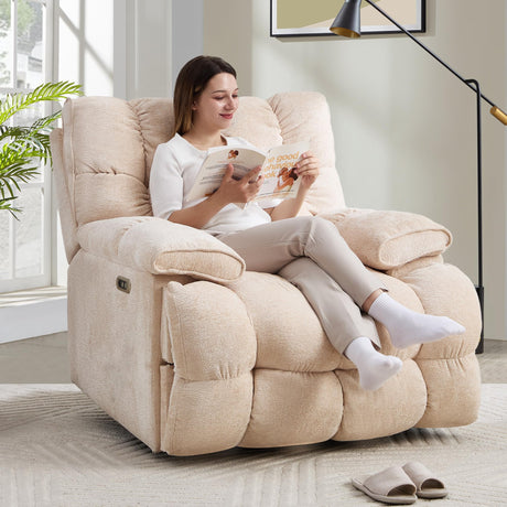 VIKAYAMICS Oversized Rocker Recliner Chair 42” Power Swivel Recliner for Living Room Overstuffed Extra Wide Rocking Recliners with Breathable Soft Fabric Up to 400lbs(Power Beige) VIKAYAMICS
