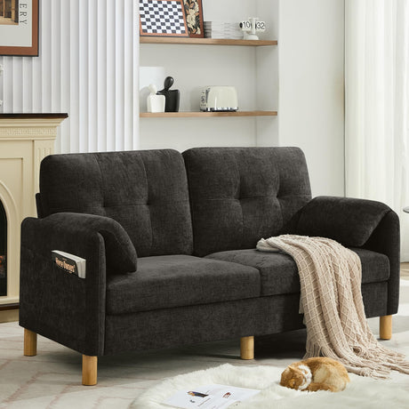 WUTUTUEE 65" Chenille Loveseat Sofa, Modern 2-Seater Love Seat Couch with Armrest Pillows, Storage Pockets, Easy Assembly, Upholstered Tufted Loveseat Couches for Living Room Bedroom, Dark Grey WUTUTUEE