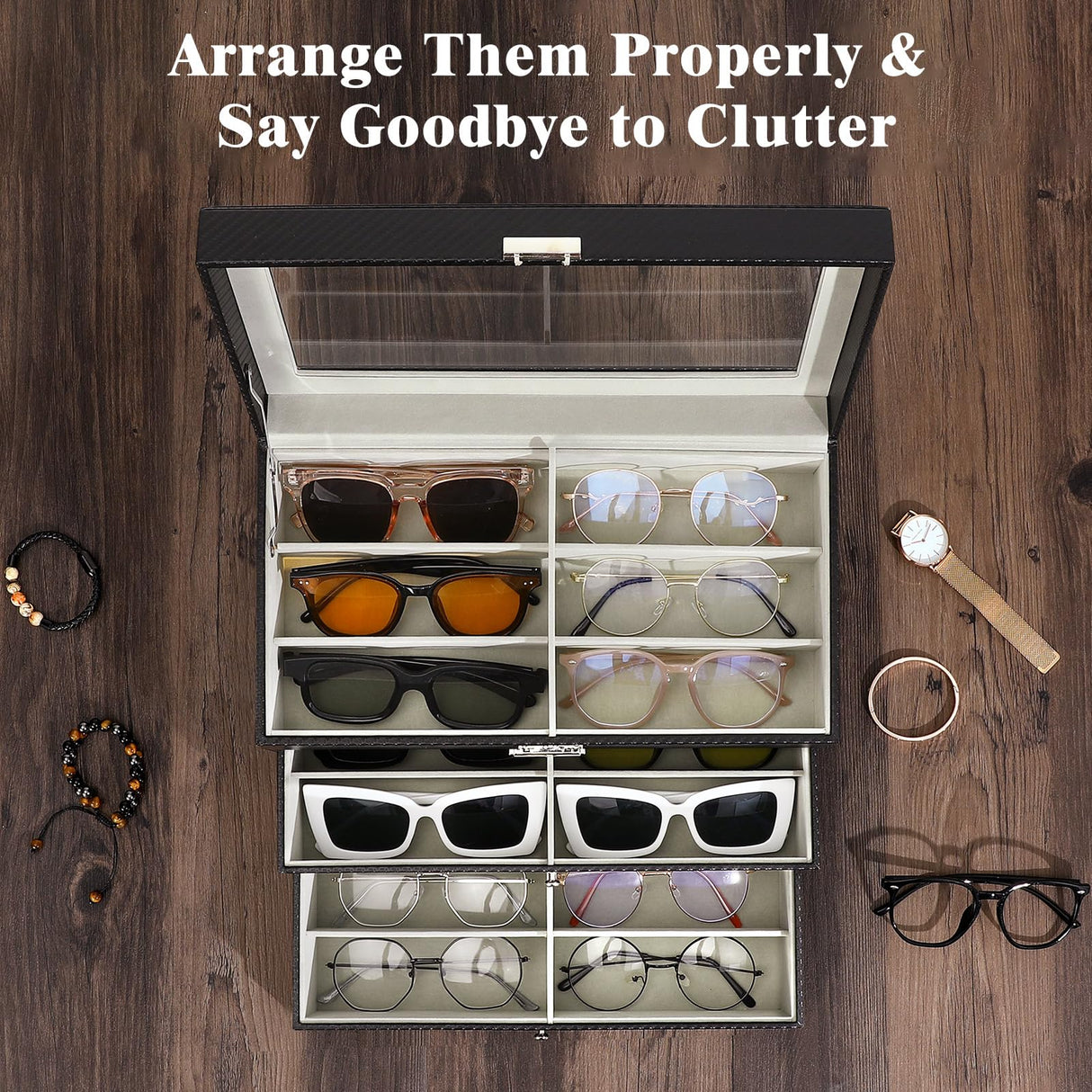 MoKo Sunglasses Organizer with 18 Slots, 3-Layer Leather Sunglass Display Collection Holder Case with Drawer Clear Glass Lid, Lockable Eyeglass Glass Jewelry Watch Storage Box for Women Men, Black MoKo