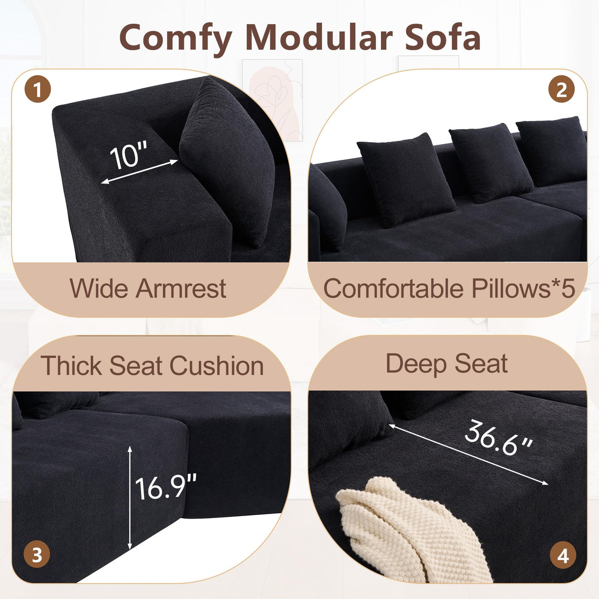 129.5" Modular Sectional Sofa, Cloud Memory Foam Couch, Modern Curved Couch Chenille Upholstered Deep Seat Sofa with 5 Pillows, No Assembly Required Oversized Corner Couches for Living Room (Black) IZLKQC