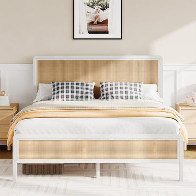 CHABUILDREARK Rattan Bed Frame Queen, Metal Platform Bed Frame Queen Size with Headboard, Boho Bed Frame with Strong Metal Slats Support, No Box Spring Needed, Noise-Free, Easily Assemble, White