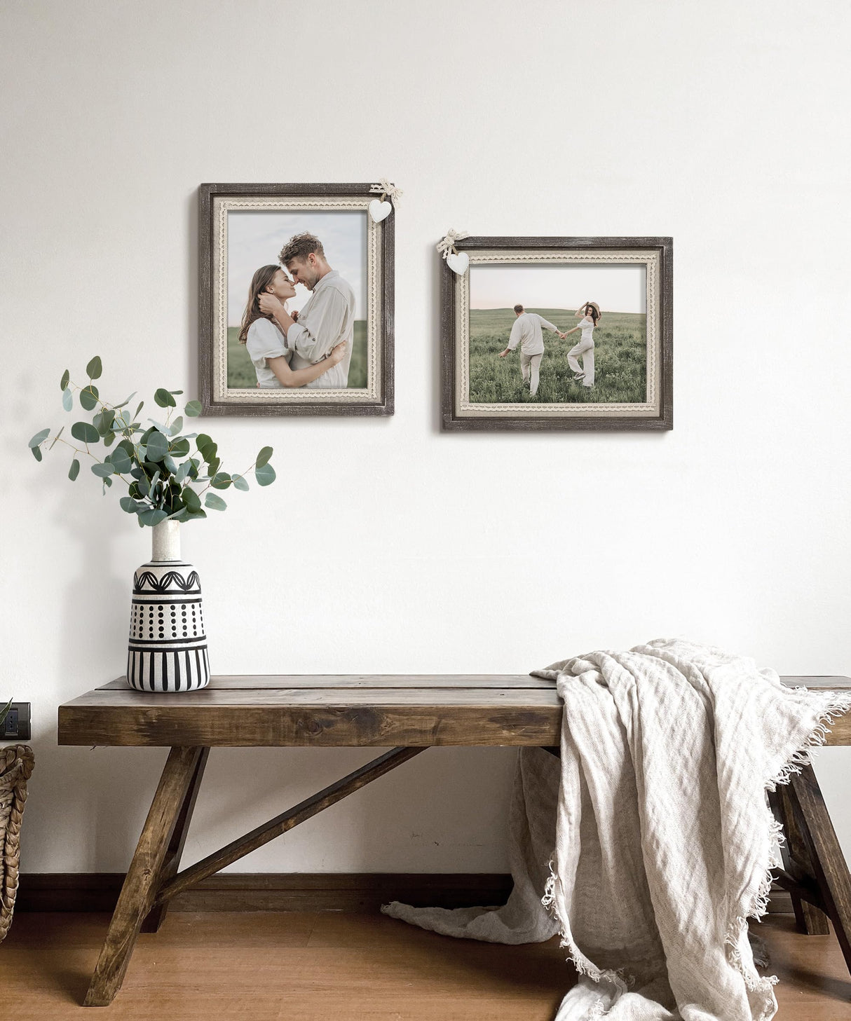 Sapowerntus 8x10 Picture Frames Rustic Wood Farmhouse Cute Heart Love Solid Wooden Family Photo Frame Lace Bow Glass Boho Wall Decor Hanging Tabletop Kids Mom Mother Wedding Gift Sapowerntus