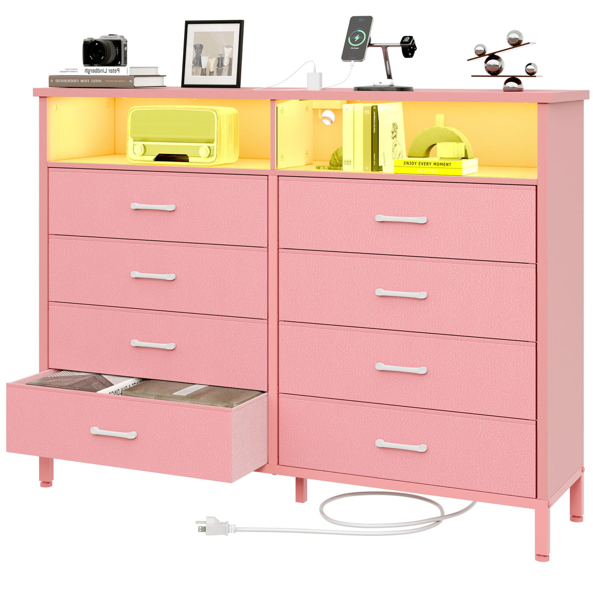 Dresser for Bedroom Pink Bedroom Dresser with LED Lights and Charging Station, 8 Long Fabric Drawers Dresser, Tall Wide Chest of Drawers Storage Organizer TV Stand for up to 60" TV for Living Room SOOWERY