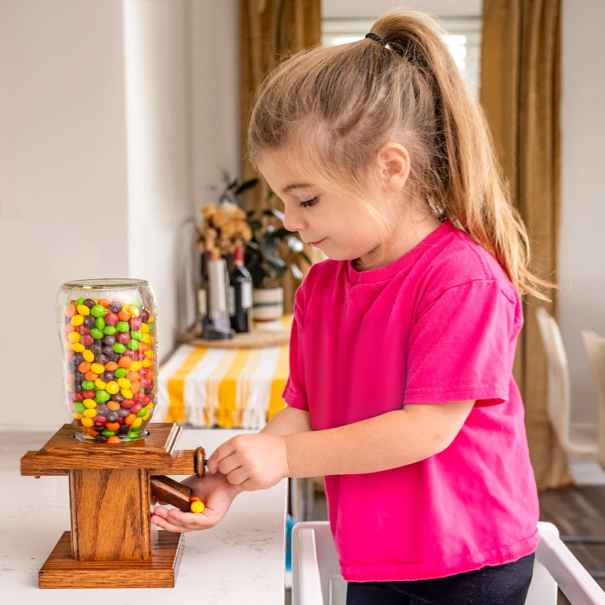 Handcrafted Amish Wooden Candy Dispenser Glass Jar Solid Oak Wood M&M's, Peanuts, Reese's Pieces, Skittles, Jelly Beans, Runts (Sorrel) AMISH VALLEY PRODUCTS