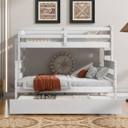 Linique Twin Over Full Bunk Bed with Trundle - White Wooden Frame, Ladder & Guardrails - WoodArtSupply