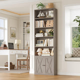 FACBOTALL 82" Tall Bookcase and Book Shelf, 24" Wide Bookshelf with Doors, 7 Tier Bookcase with Storage and Adjustable Shelf, Open and Display Farmhouse Bookshelf for Living Room, Home Office, Gray FACBOTALL
