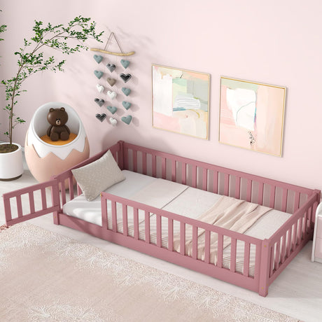 CITYLIGHT Twin Size Montessori Floor Bed with Rails and Door in Pink CITYLIGHT