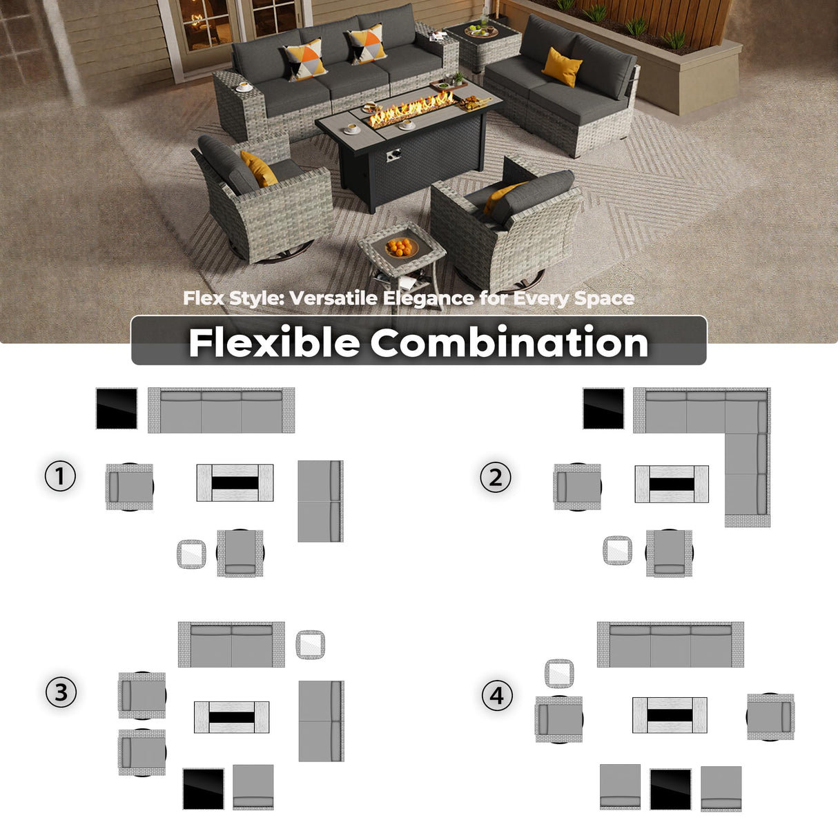 ovios 10 Pieces Patio Furniture Set, Outdoor Wicker Sectional Sofa with 54" Fire Pit Table Swivel Chairs, Modern Modular Deep Seat Rattan Couch Conversation Sets, Black ovios