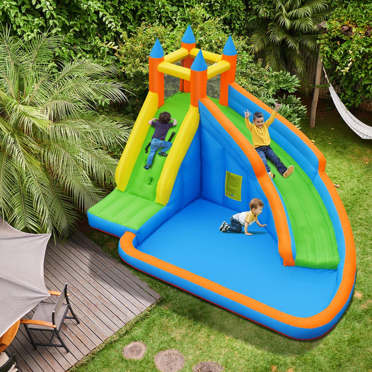 Costzon Inflatable Water Slide, Giant Bouncy Water Park Jump Castle Waterslide for Kids Backyard Outdoor Fun with Climbing Wall, Splash Pool, Blow up Water Slides Inflatables for Kids Party Gifts Costzon