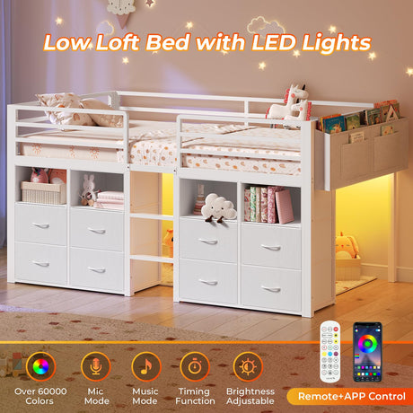 ADORNEVE Low Loft Bed Twin Size with 8 Storage Drawers, Twin Loft Bed with Bookcase and LED Lights, Metal Kids Loft Bed with 14" H Safety Guardrail, Under-Bed Play Space, No Box Spring Needed, White ADORNEVE