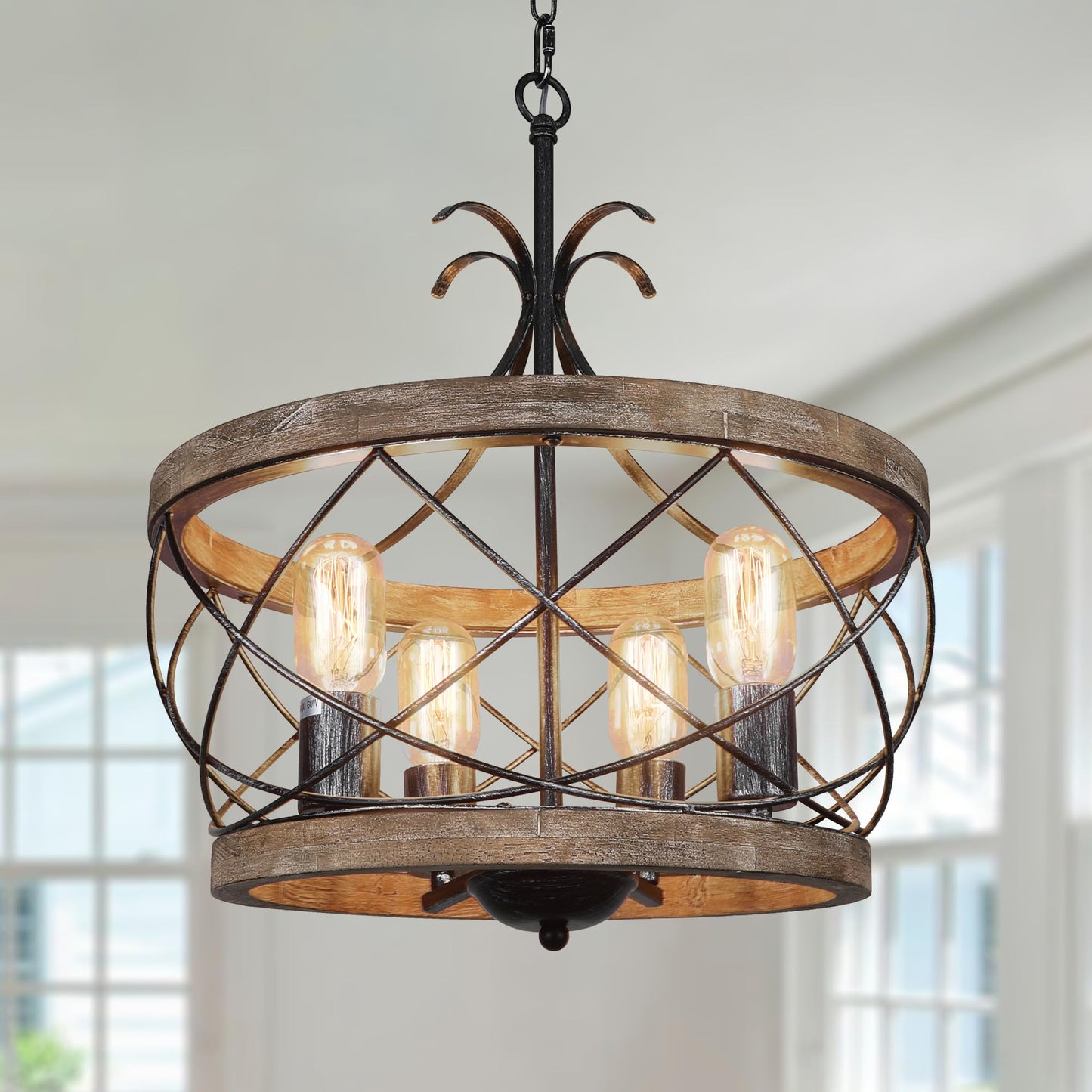 Sigaitwei Wood Farmhouse Chandelier Light Fixture, 4-Light Rustic Drum Chandelier,Black Vintage Chandelier for Dining Room Entryway Foyer Kitchen Island Hallway.E26,15.8”.