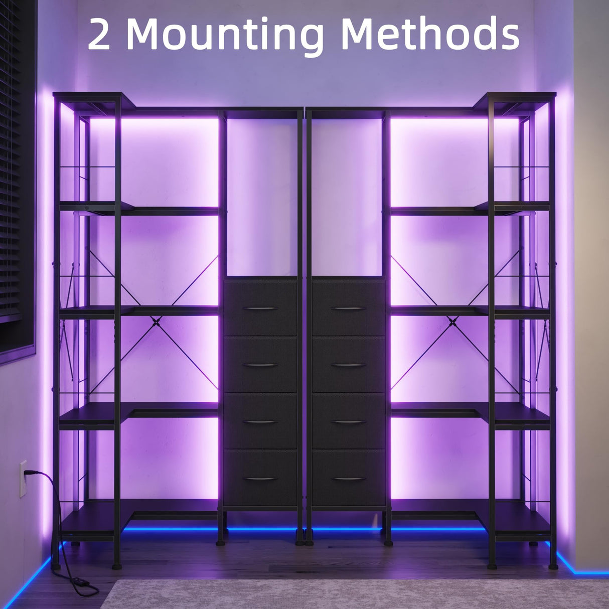 AFLUI Corner Bookshelf with LED Light Strips & 4 Fabric Drawers, 5-Tier Convertible Corner Shelf with Display Shelf, Large Wood Industrial Bookcase for Living Room, Bedroom, Home Office, Black AFLUI