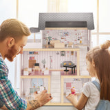 Lil' Jumbl Jumbl Kids Wooden Dollhouse, 17-Piece Accessories & Furniture are Included, with Balcony & Stairs, 3 Story Easy to Assemble Doll House Toy Lil' Jumbl