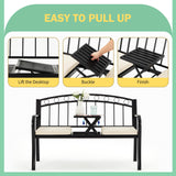 AVAWING Outdoor Metal Garden Bench, 2-Seat Patio Porch Bench with Steel Frame, Park Bench w/Pullout Middle Table＆ Cushion for Backyard Lawn Deck Entryway, Black AVAWING