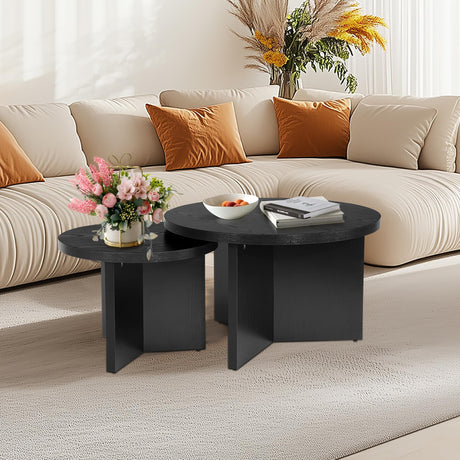 QuicMiou Round Nesting Coffee Table Set of 2, Modern Stacking Table with Wood Grain Finish, End Table Side Tables for Living Room (Black) QuicMiou