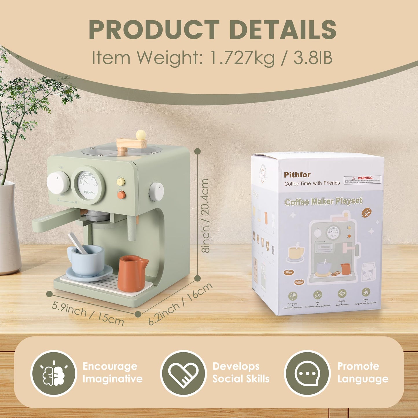 Pithfor Kids Wooden Coffee Maker Toy with Grinder, Pretend Play Kitchen Appliances & Accessories Toy Gift for Kids Toddlers Boys Girls - WoodArtSupply