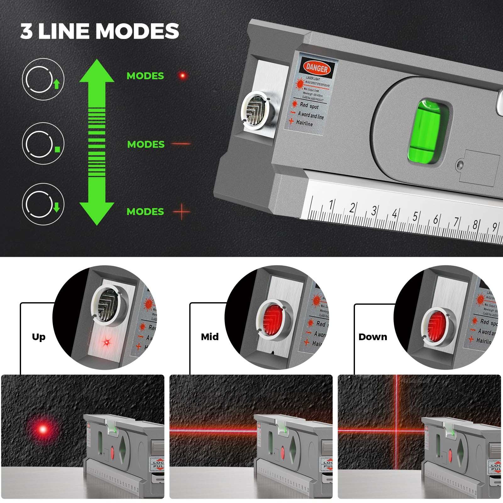 Laser Level, 2-in-1 Laser Level with Metric Rulers, Laser Level for Picture Hanging, 3 Laser Modes Magnetic Level Laser tool for Construction & Home Renovation - WoodArtSupply