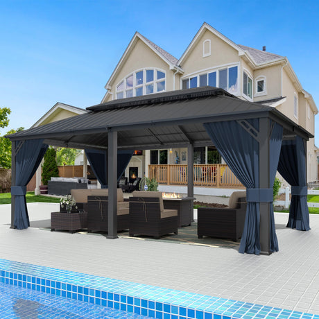Gotland 2024 New 12' x 20' Hardtop Gazebo, Outdoor Iron Metal Double Roof Pergola with Curtains and Netting for Patio, Garden, Lawn, Navy Gotland