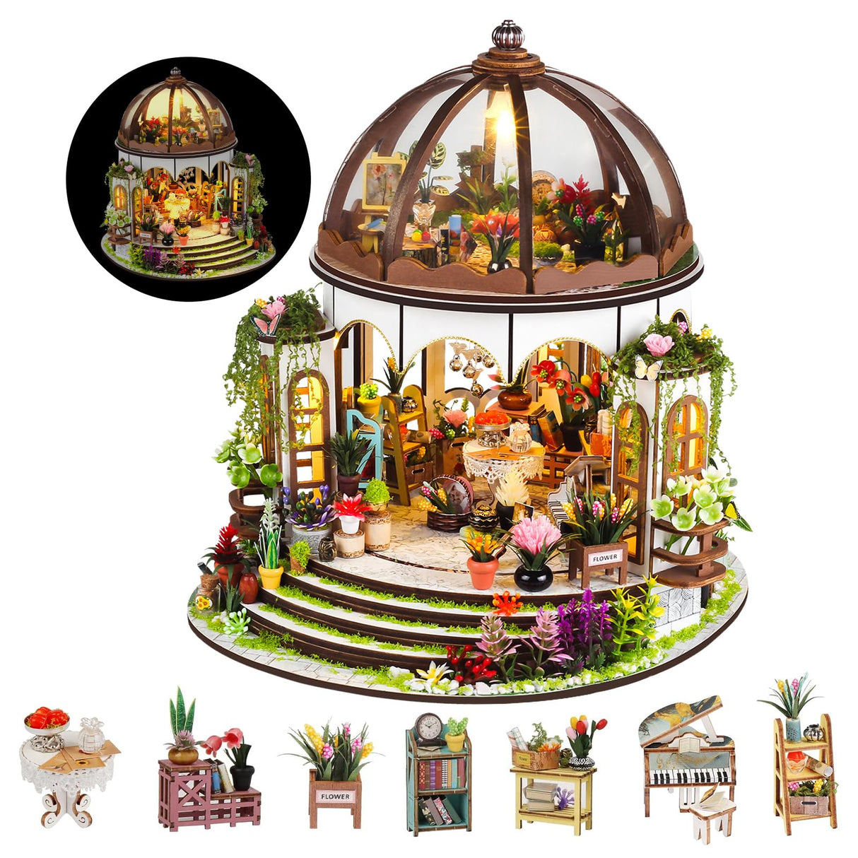 Taimimy DIY Miniature House Kit, Miniature Building Kits, Wooden Greenhouse Miniature Kit with Furniture & LED, Creative Dollhouse Kit for Adults, Hobby Craft Home Decor Birthday Gifts Taimimy