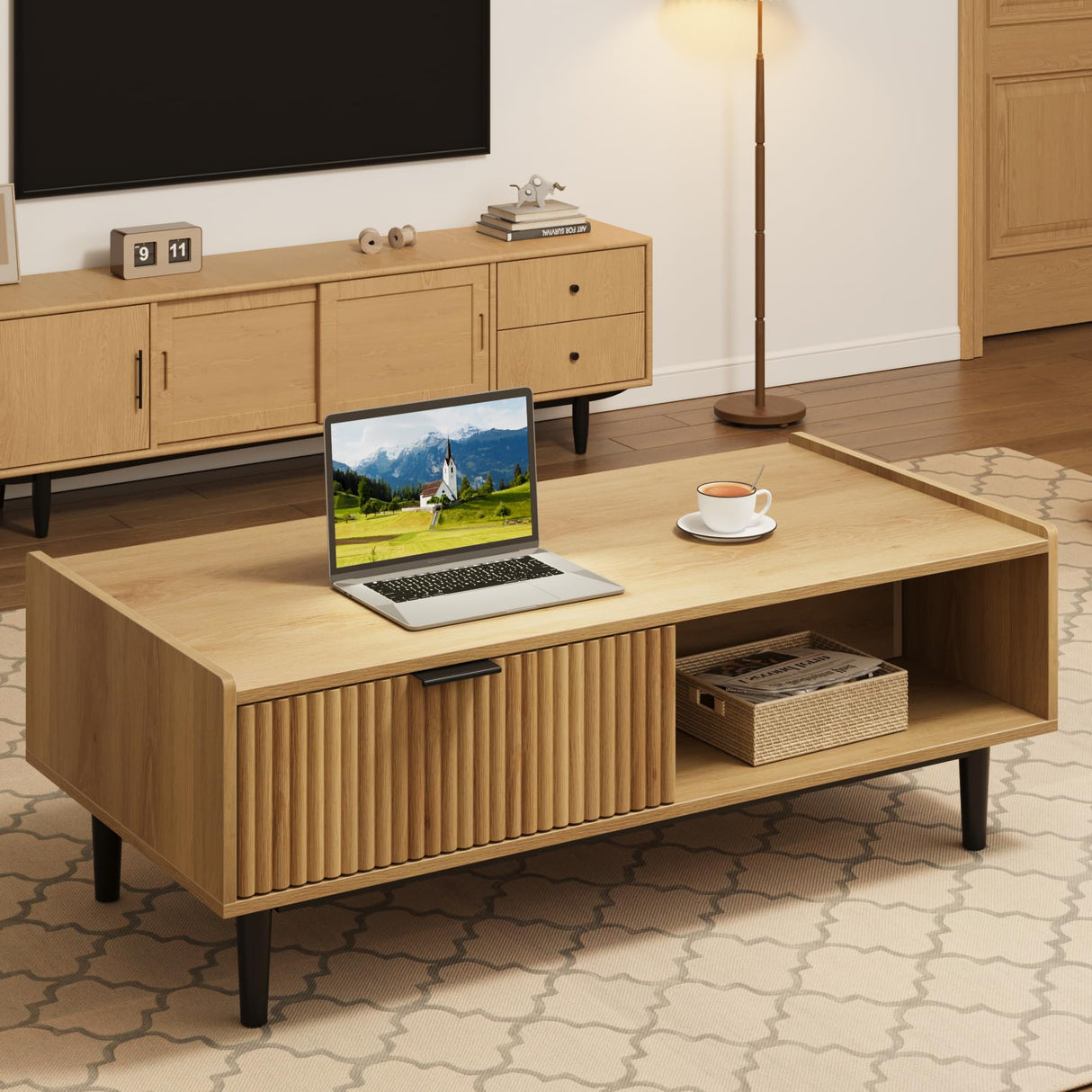 IDEALHOUSE Coffee Table Mid Century Modern Center Table with Drawer 42.5" Fluted Living Room Table with Storage Light Wood Cocktail Table with Open Shelf Rectangle Coffee Table Easy Assembly IDEALHOUSE