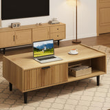IDEALHOUSE Coffee Table Mid Century Modern Center Table with Drawer 42.5" Fluted Living Room Table with Storage Light Wood Cocktail Table with Open Shelf Rectangle Coffee Table Easy Assembly IDEALHOUSE