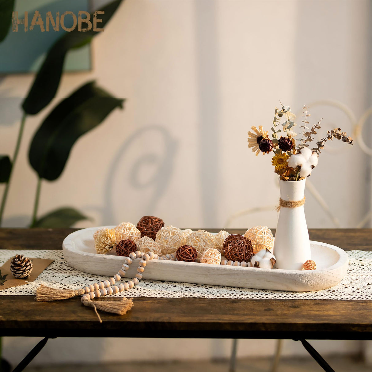 Hanobe Decorative Bowl Large Wooden: 25.5" Long Wood Dough Bowls for Decor Coffee Table Centerpiece Tray White Washed Farmhouse Rustic Decorations for Dining Room Home Kitchen Fireplace Hanobe