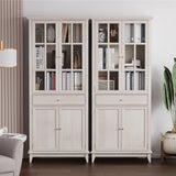 SunsGrove 73" White Oak Bookcase with Glass Doors & Drawer - Adjustable Shelf, Modern Classic Storage for Living Room, Home Office (4 Doors, Floor Standing) SunsGrove