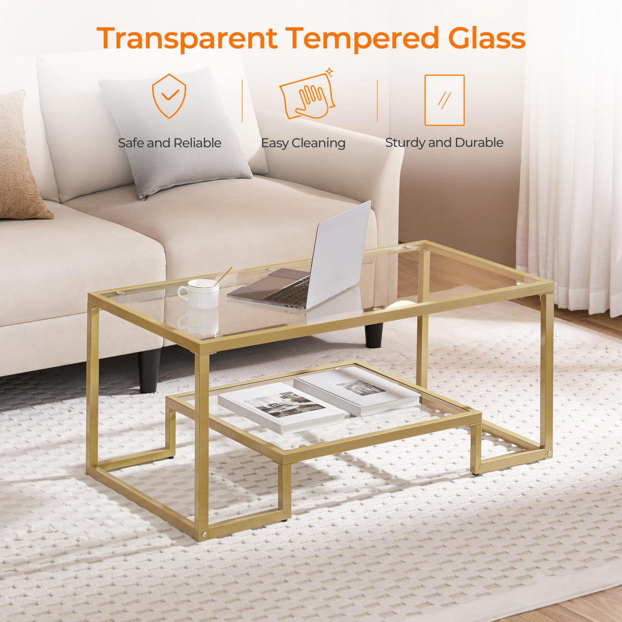 Yaheetech Gold Coffee Table, 42" Rectangular Glass Coffee Table for Living Room, 2-Tier Center Tea Tables with Metal Frame for Small Space, Apartment, Office Yaheetech