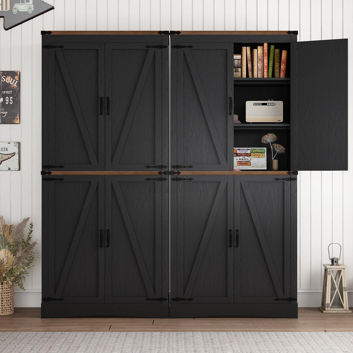 71in Farmhouse Kitchen Pantry Cabinet,Tall Storage Cabinet with 4 Doors and Adjustable shelves,with Load-Bearing Steel Pipe,Wood Storage Cabinets for Kitchen,Dining Room,Bathroom(Black) chartustriable