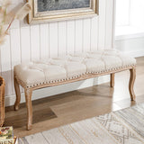 Cozyman Bedroom Bench, French Vintage Tufted Entryway Bench, 45.2" Carving Upholstered End of Bed Bench with Distressed Wood Legs, Linen Ottoman Bench Seat for Living Room, Foyer, Dining Room, Beige Cozyman