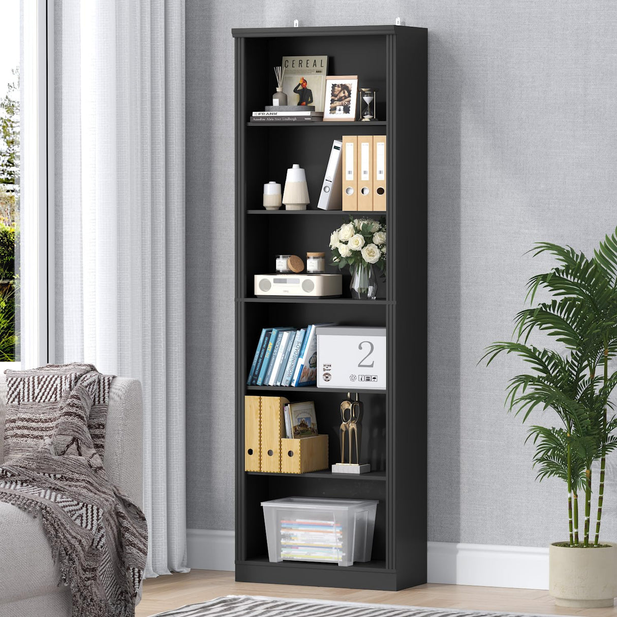 Thacuok 75" Tall Bookshelf & Bookcase, 6-Tier Adjustable Storage Shelves, Book Shelf with Anti-Tipping Device, Modern Display Rack for Living Room, Bedroom, Office Thacuok