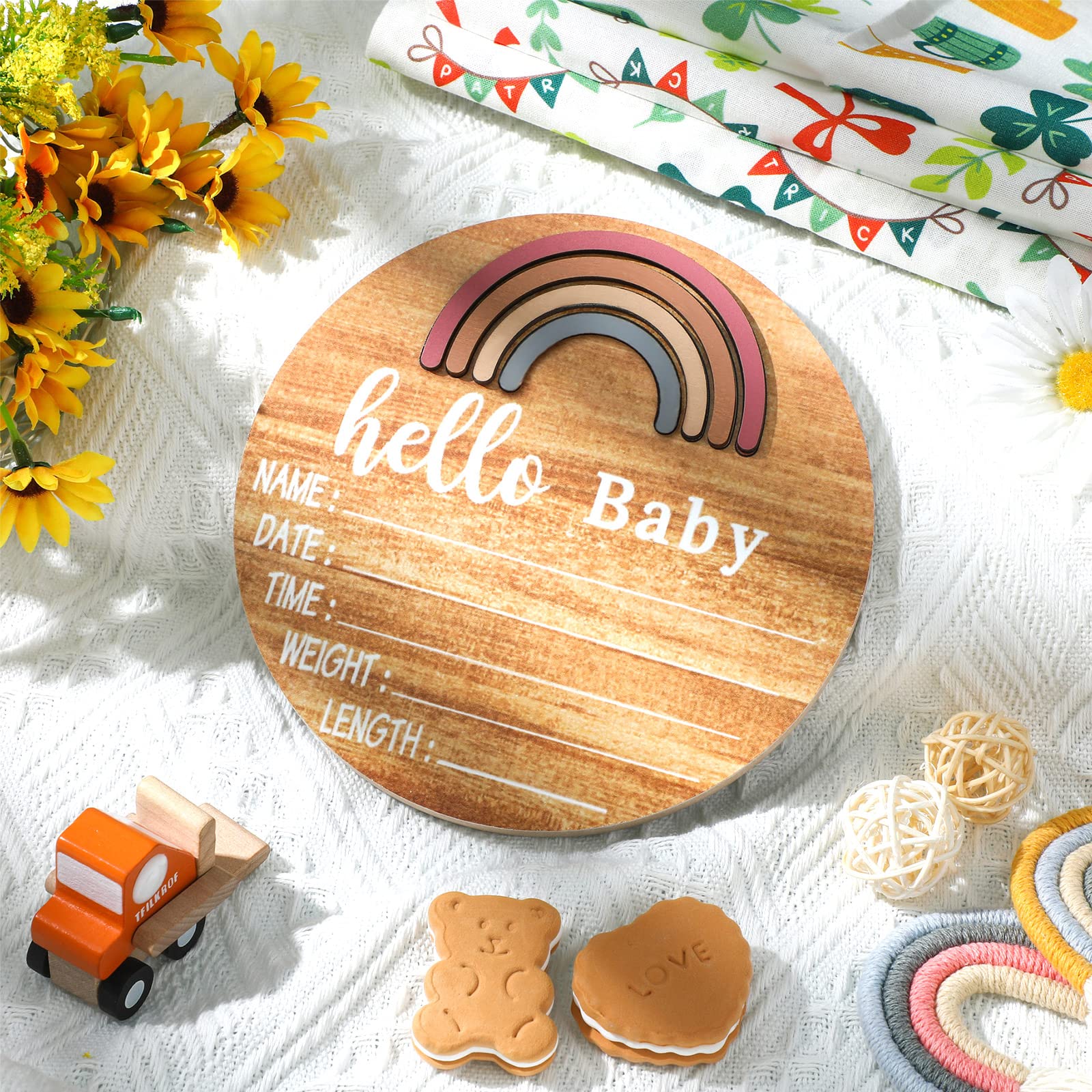 Wooden Baby Birth Announcement Sign Rainbow Baby Name Sign with Marker Pen Baby Arrival Sign Welcome Newborn Sign for Hospital Photo Prop Baby Shower - WoodArtSupply