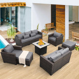 Valita 7 Pieces Patio Furniture Set,9-Seats Outdoor Wicker Sectional Sofa Brown Rattan Modular Patio Conversation Chair Set with 50000 BTU Fire Pit Table,Washable Cushions(Grey) Valita