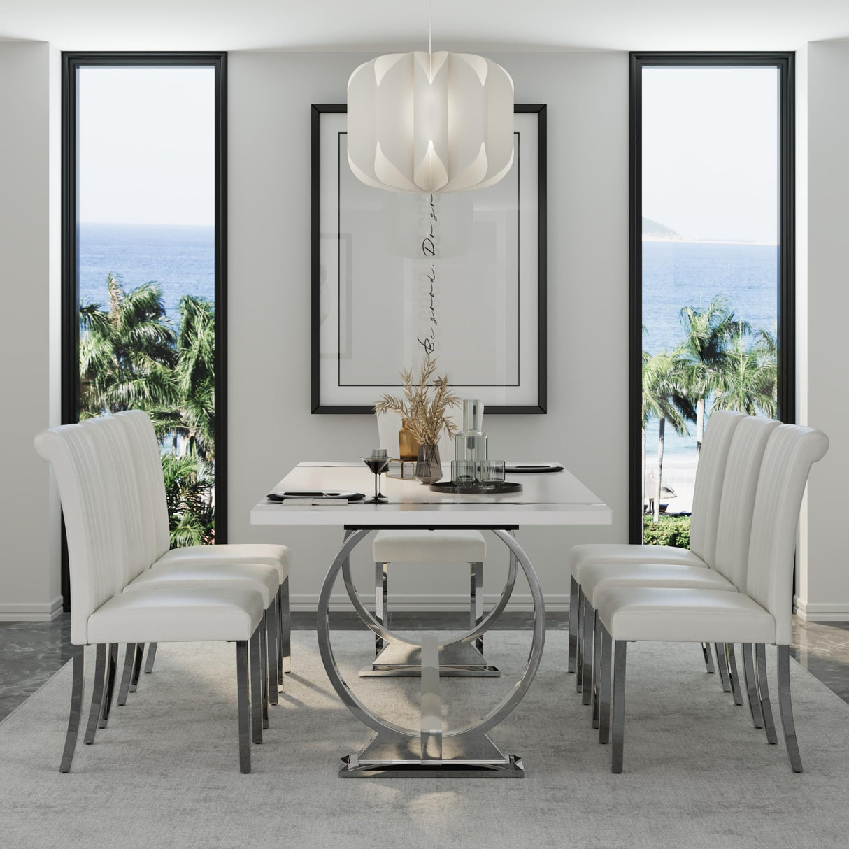 Asday 9 Piece Dining Table Set, Luxury White and Silver Dining Room Table Set with 80 inch Rectangular Dining Table and 8 White Leather Dining Chairs Asday