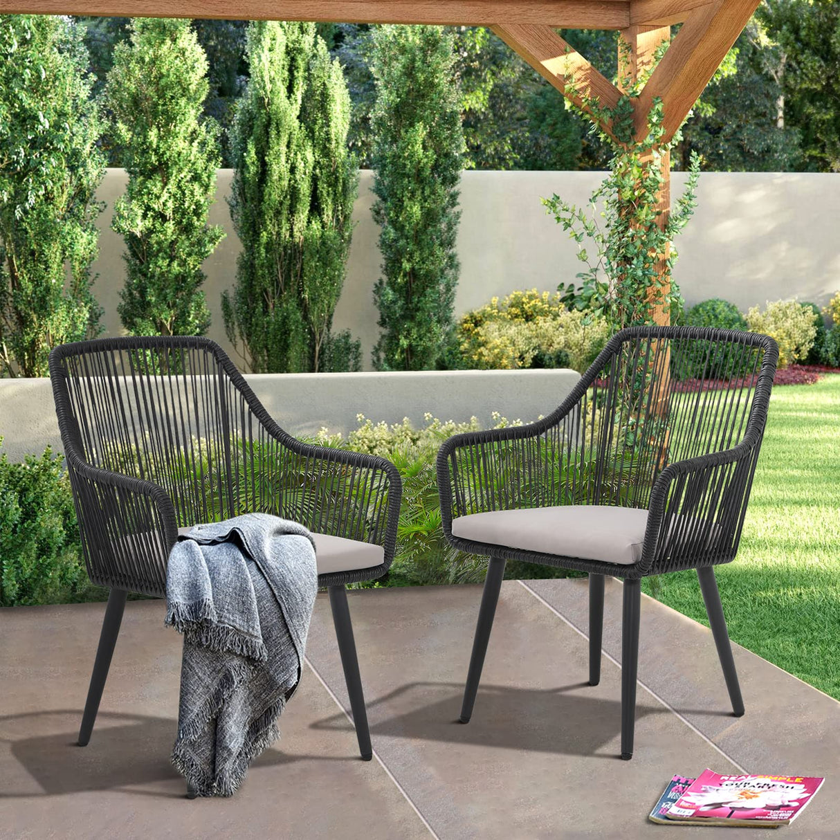 JOIVI Patio Dining Chairs Set of 2, Outdoor Rattan Chairs with Armrest and Cushions for Outside Lawn, Garden, Backyard, Indoor, Outdoor Dining Chairs, 350lb Weight Capacity, Black Patio Chairs JOIVI