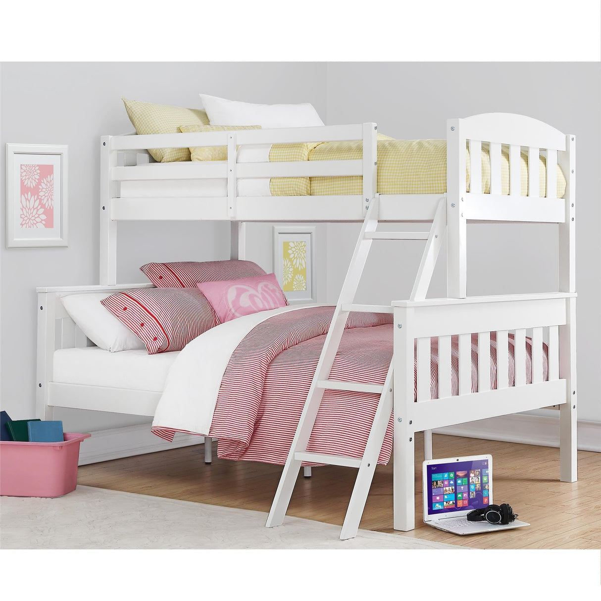 DHP Airlie Twin over Full Bunk Bed, White, Wood Construction, Converts to Twin/Full, 4-Step Ladder, Guard Rails DHP