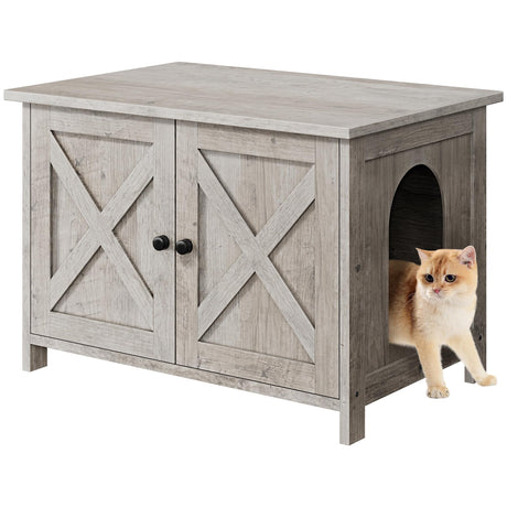 Shintenchi Cat Littler Box Enclosure, Litter Box Furniture Hidden with Removable Divider, Cat House with End Table, Grey Shintenchi