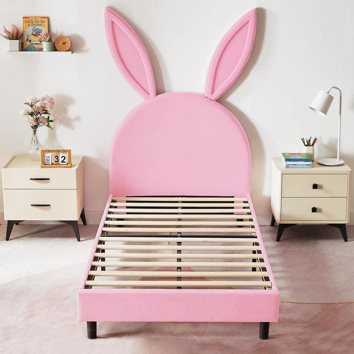 VECELO Pink Twin Bed Frame with Bunny Ear Headboard, Upholstered Velvet Padded for Girls, Sturdy Wood Slats, No Box Spring Needed VECELO