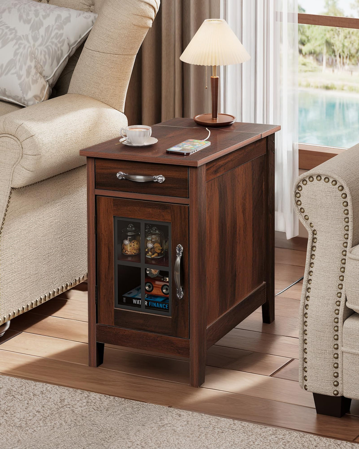 WLIVE End Table with Charging Station, Narrow Side Table for Living Room, Farmhouse Night Stand with Storage, Small Wooden Cabinet Nightstand with USB Ports and Outlets, 23.7" D x 13.78" W x 23.7" H WLIVE