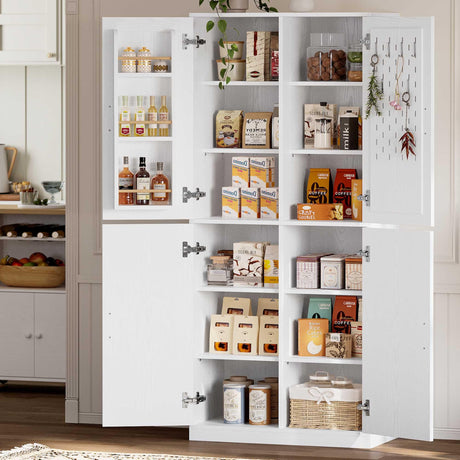 IRONCK 71" Kitchen Pantry Storage Cabinet with Storage Rack, Pegboard Doors, 4 Adjustable Shelves, Food Pantry Cabinet, Freestanding Tall Cupboard for Dining Room, Kitchen, White IRONCK
