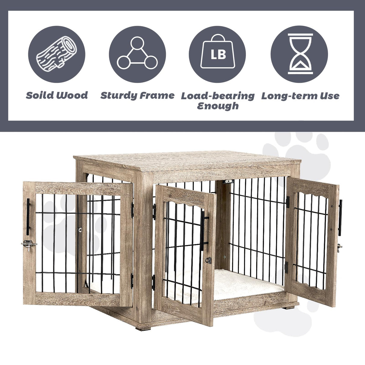 Upolana Dog Crate Furniture with Bed, Wooden Dog Kennel Furniture End Table Dog Crate with 3 Doors, Indoor Solid Wood Dog Cage Upolana
