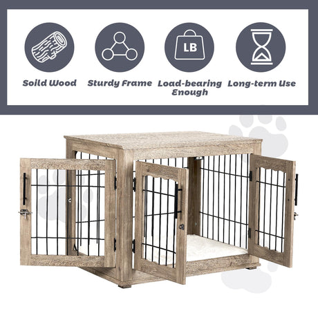 Upolana Dog Crate Furniture with Bed, Wooden Dog Kennel Furniture End Table Dog Crate with 3 Doors, Indoor Solid Wood Dog Cage Upolana