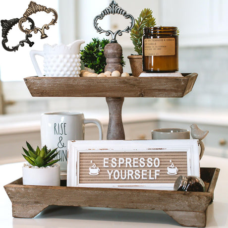 Felt Creative Home Goods Rustic Wood Two Tiered Tray Rectangle 2 Tier Serving Tray for Coffee Bar, Kitchen Counter, Dining Room Table, Cupcake Stand, Holiday and Farmhouse Decor (Rustic Brown) Felt Creative Home Goods
