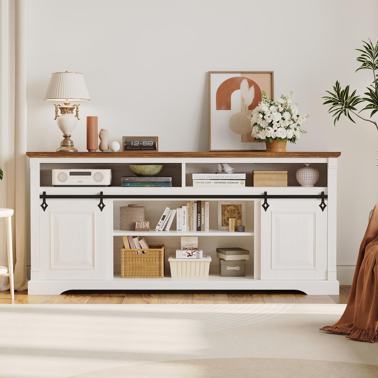 IRONCK Farmhouse TV Stand for 75+ Inch TV, 70" Entertainment Center with Storage Cabinets and Sliding Barn Door, Media Console for Living Room, White IRONCK