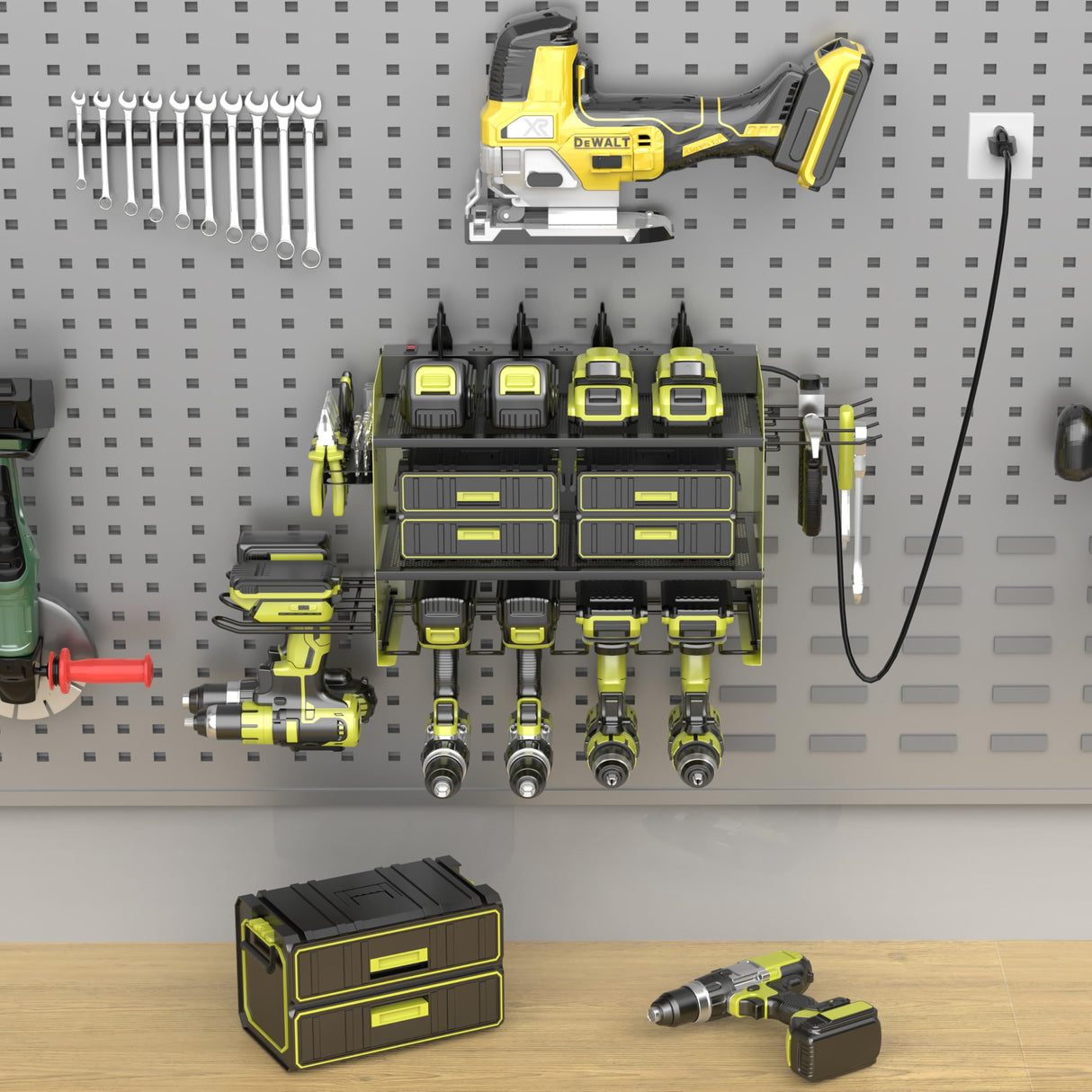 Wall Mount Drill Storage Rack with Charging Station Power Tool Organizer Drill Holder Drill Bit Organizer for Garage Workshop Holds 4 Drills with 8 Outlet Power Strip Christmas Gift(Green Three Layer) Luffioner