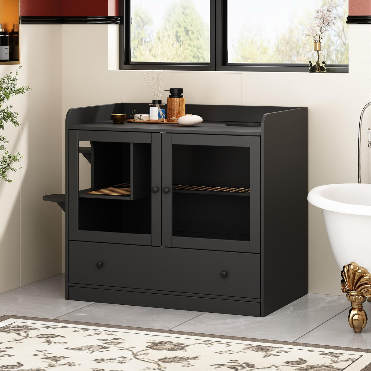 DAWNSPACES Extra Large Cat Litter Box Enclosure Furniture Hidden, Cat Condo Cabinet Pet House with Stairs for 2, Nightstand Side Table witha Large Drawer for Living Room, Black DAWNSPACES