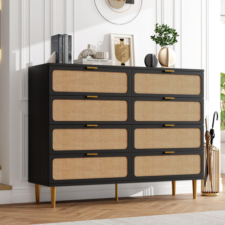 Garvee Rattan Dresser with 8 Drawers, Tall Modern Closet with Deep Storage, Large Chest of Drawers with Wide Top, Long Wooden Dresser for Bedroom, Living Room, Hallway, Kids Room, Black Garvee